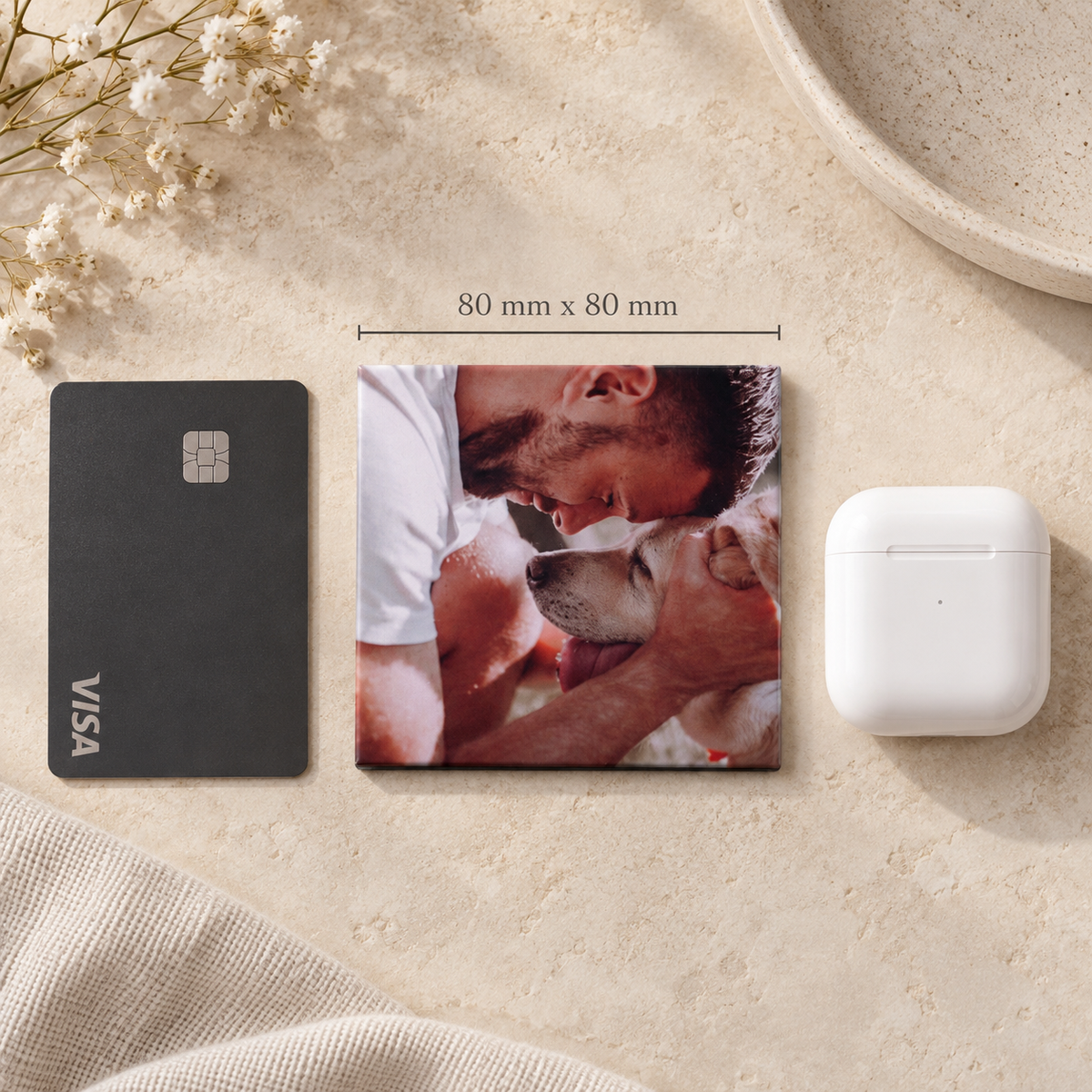 80mm personalised square photo magnet shown as a large fridge keepsake