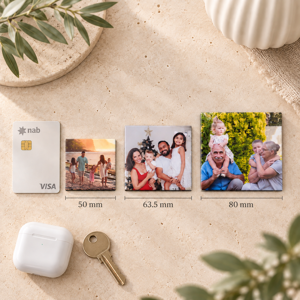 Personalised 63.5mm square photo magnet shown as a custom fridge keepsake
