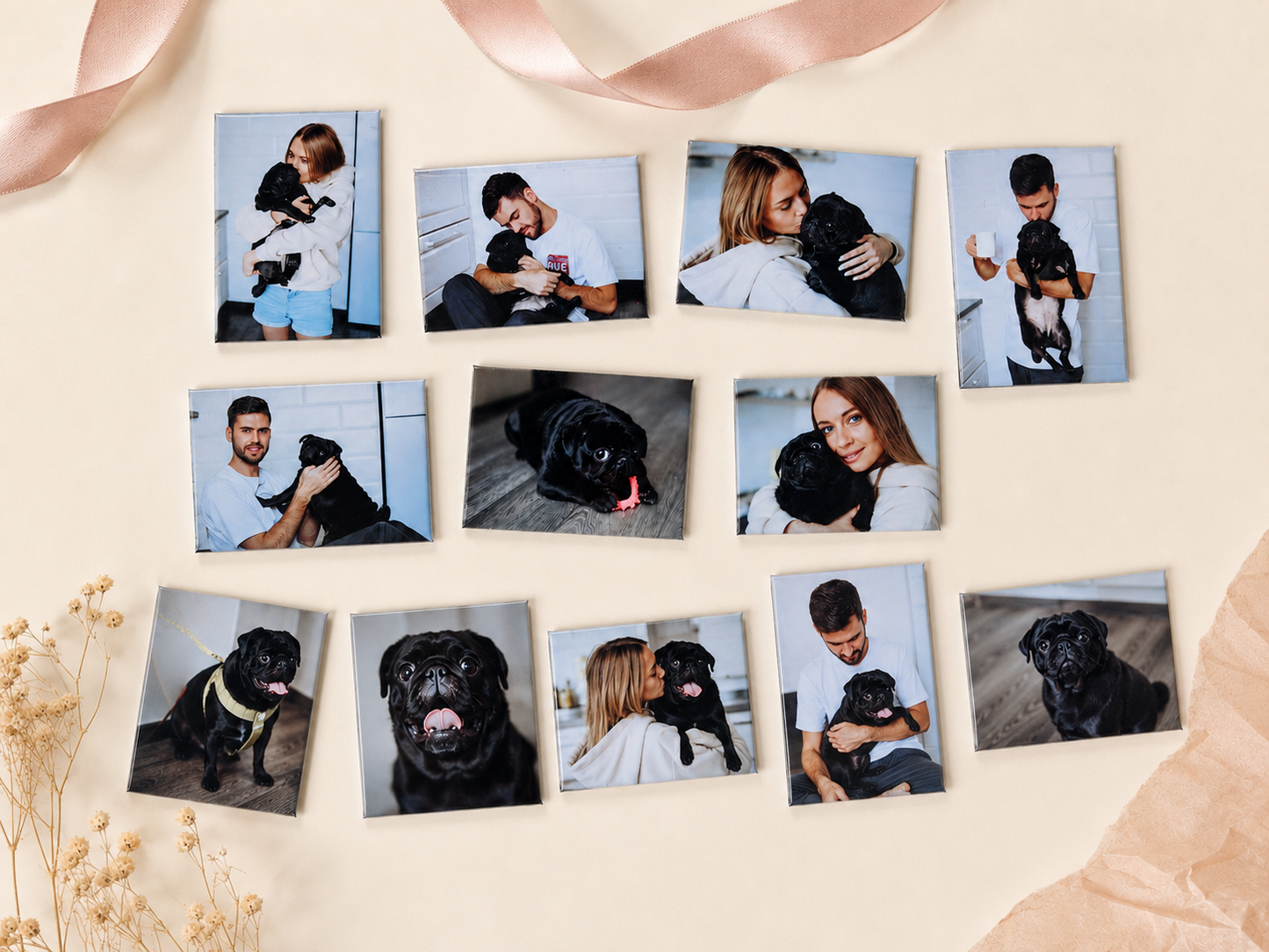 Collection of custom rectangle photo magnets on a neutral background