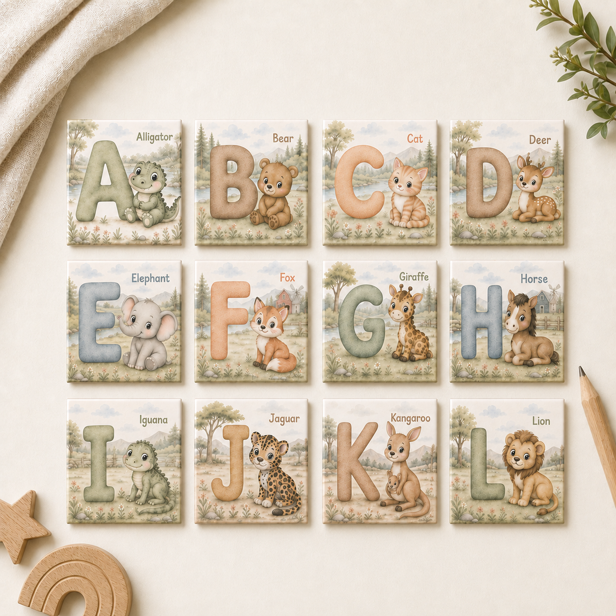 Alphabet animal magnet set A to L on cream flat lay