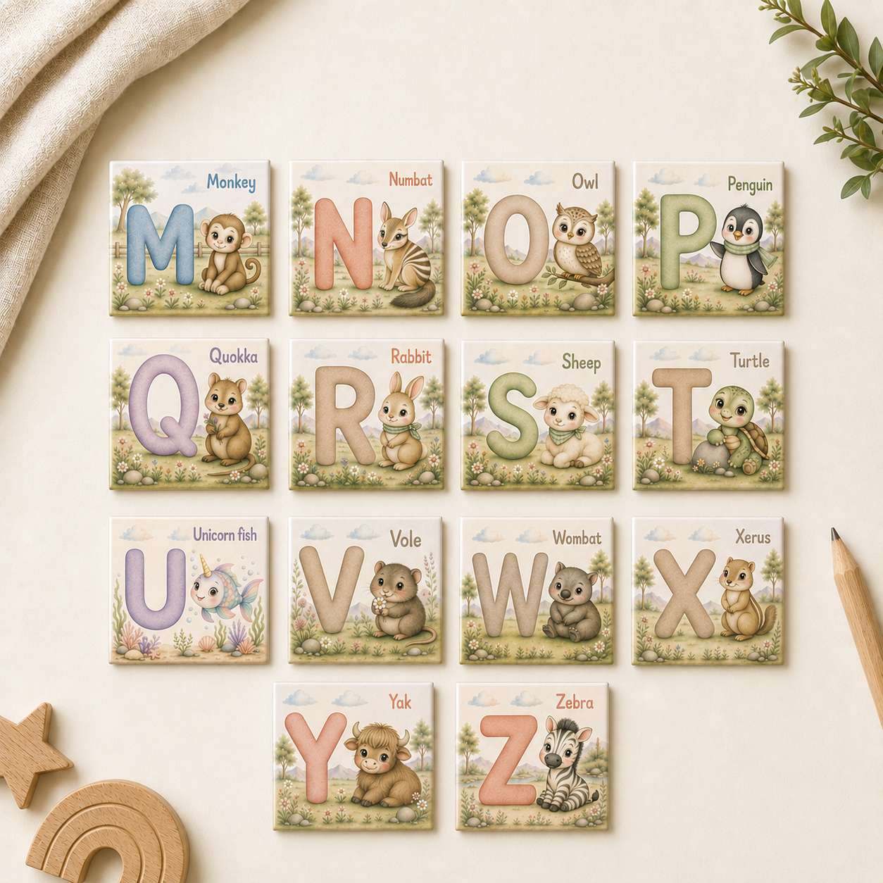 Alphabet animal magnet set M to Z on cream flat lay