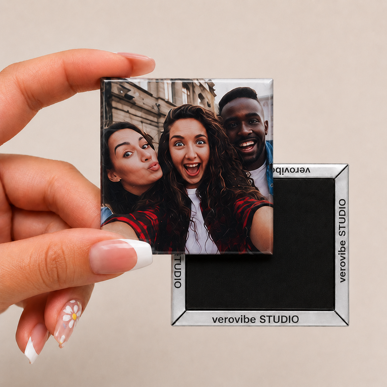 Front and back view of VeroVibe custom photo magnet