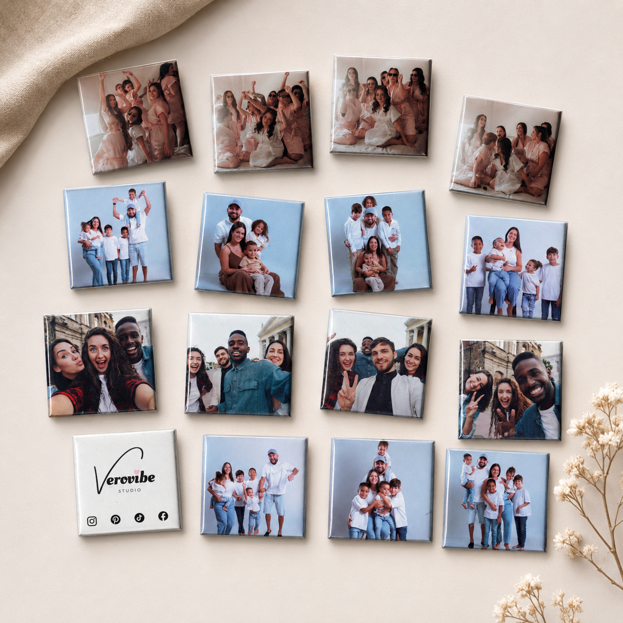 Custom square photo magnets featuring family and friend memories