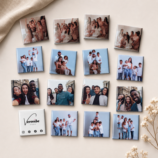 Custom square photo magnets featuring family and friend memories