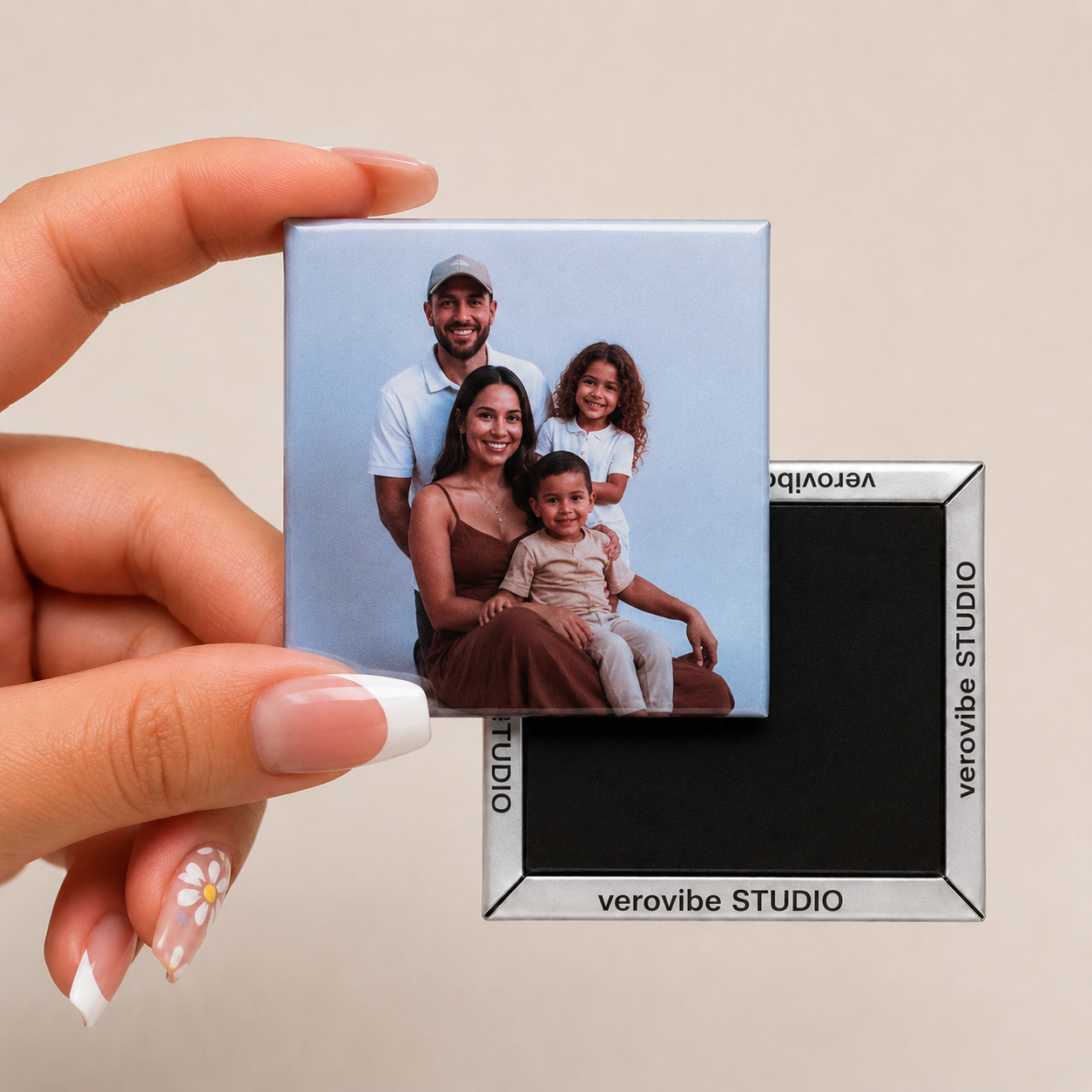 Family photo magnet with branded magnet back