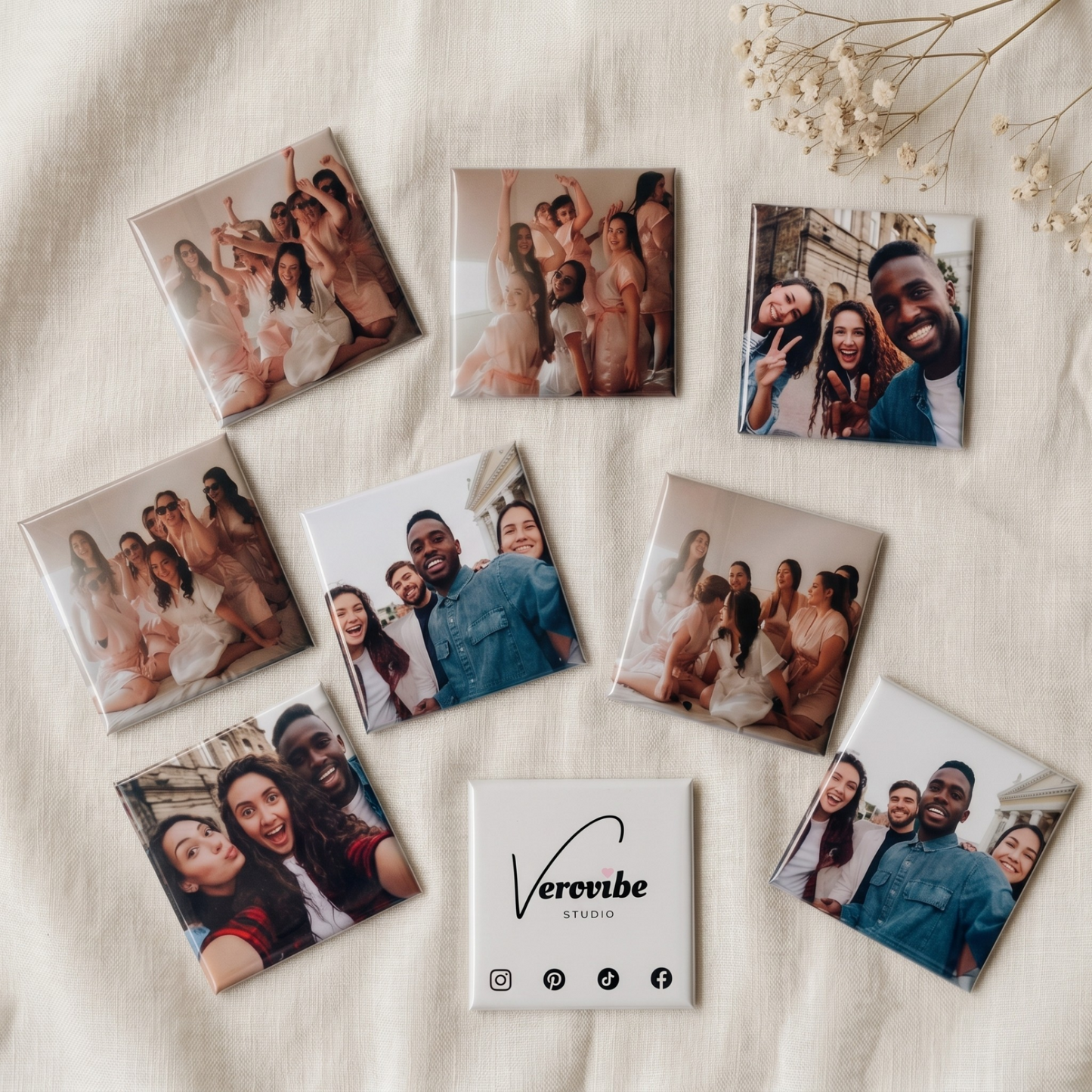 Assorted custom memory photo magnets on soft background