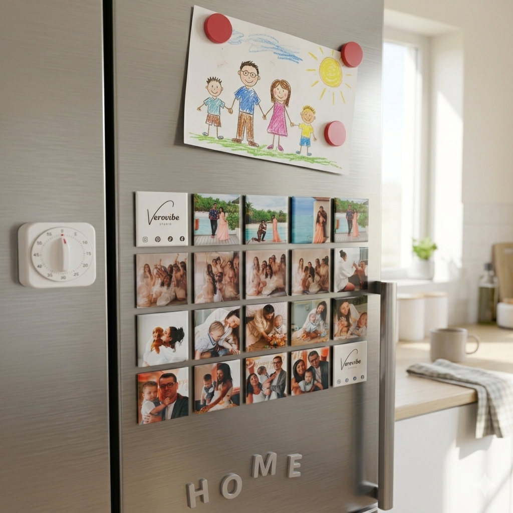 Custom photo magnets displayed on a fridge