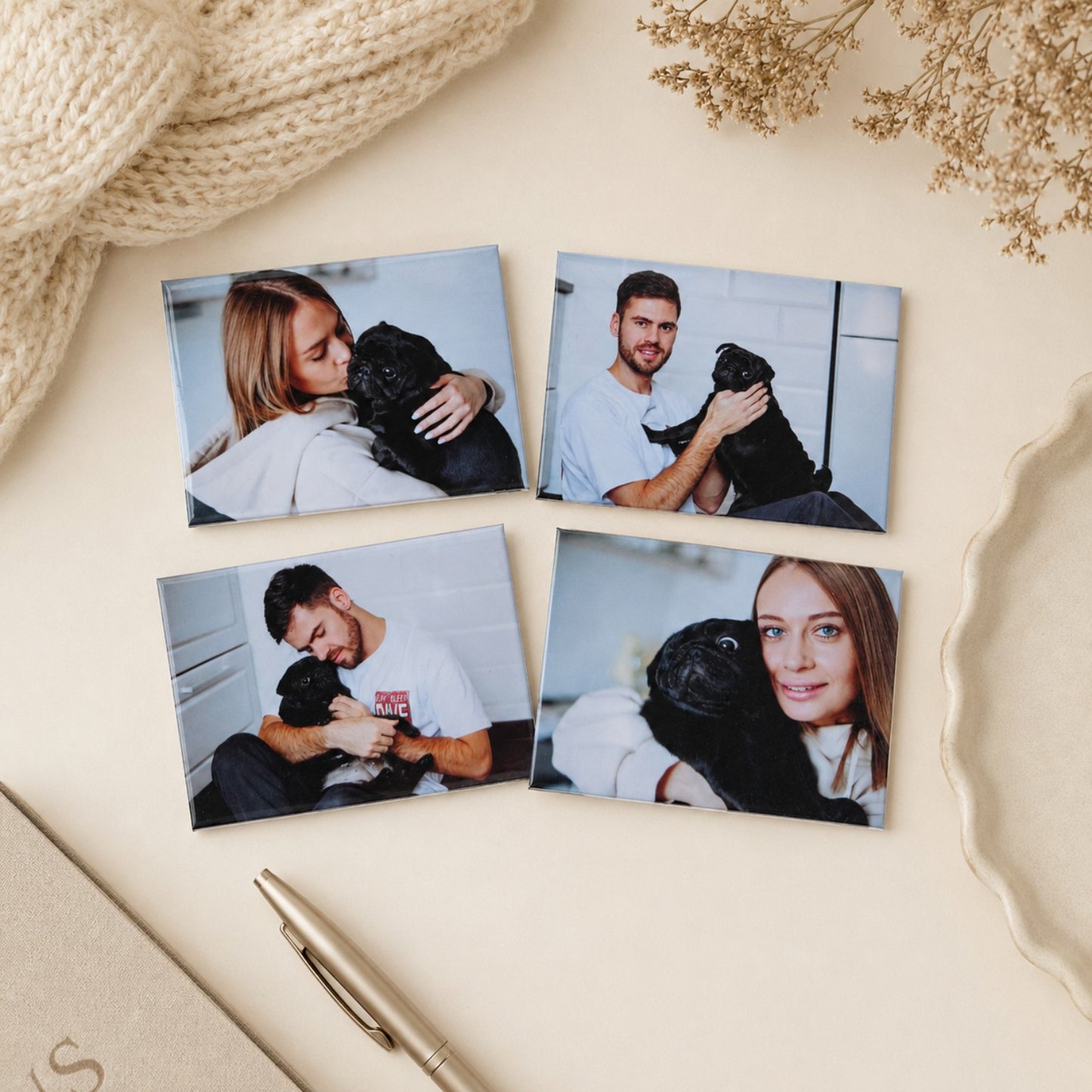 Four custom rectangle photo magnets on neutral flatlay