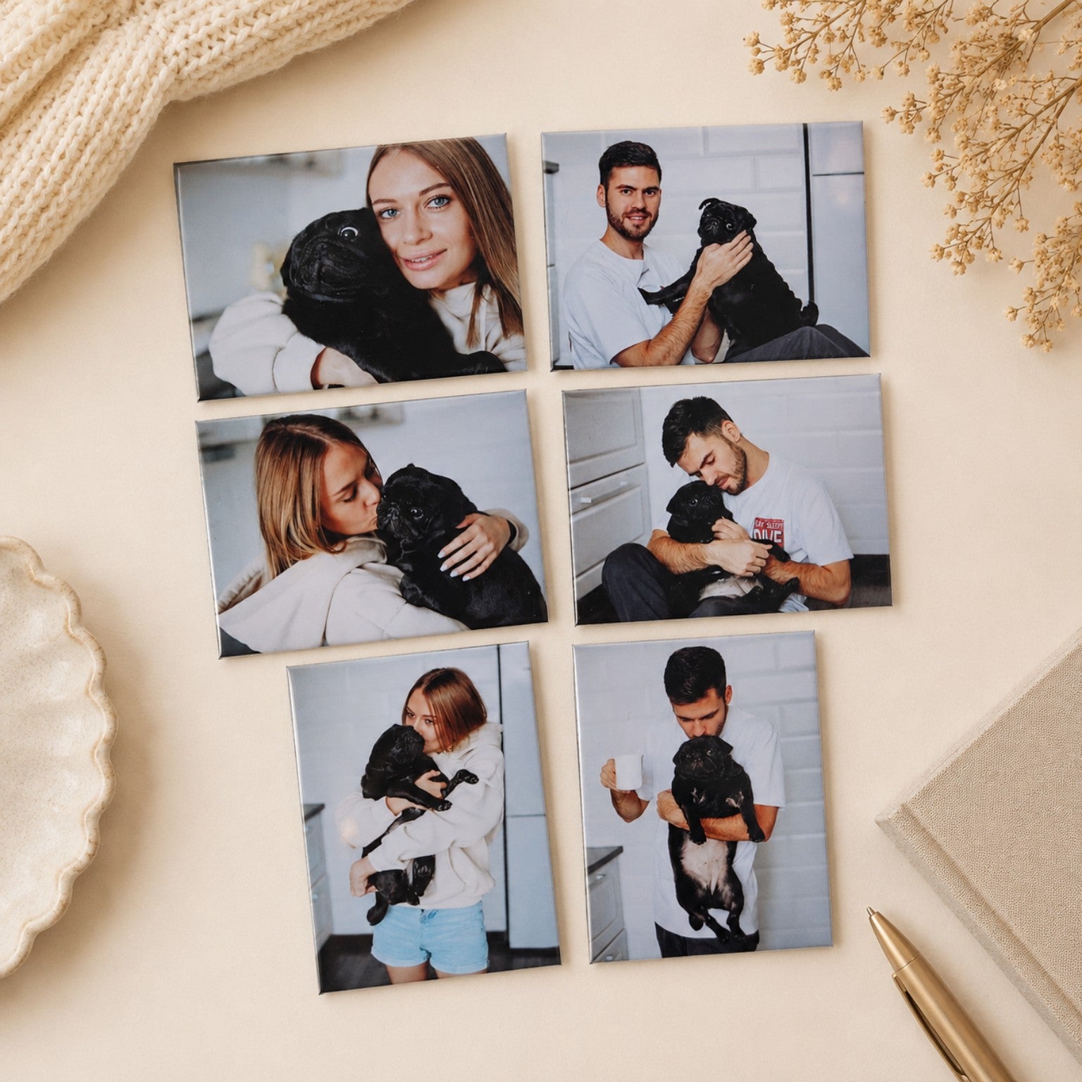Six custom rectangle photo magnets on neutral flatlay