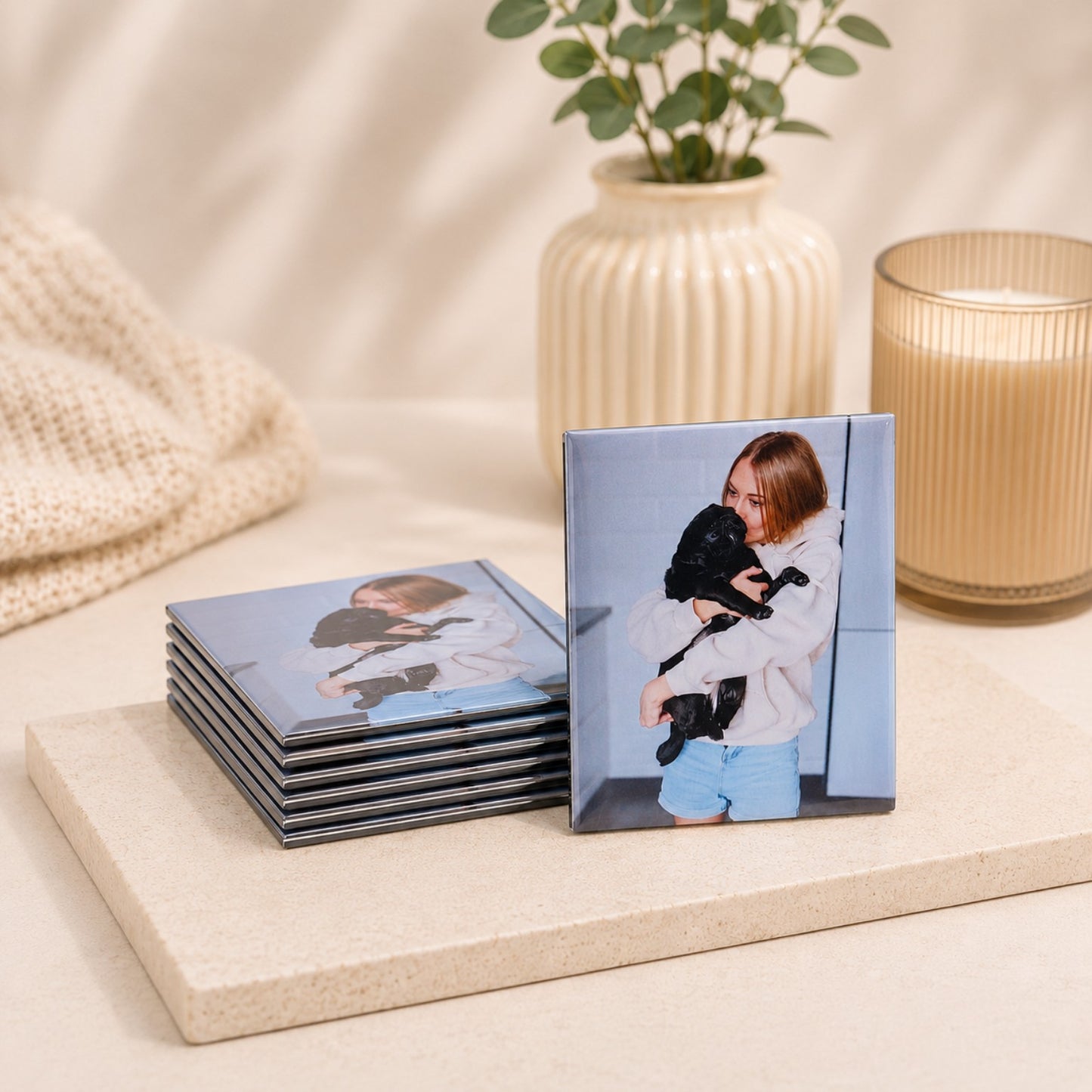 Stack of 90mm x 65mm rectangle photo magnets with pet photo