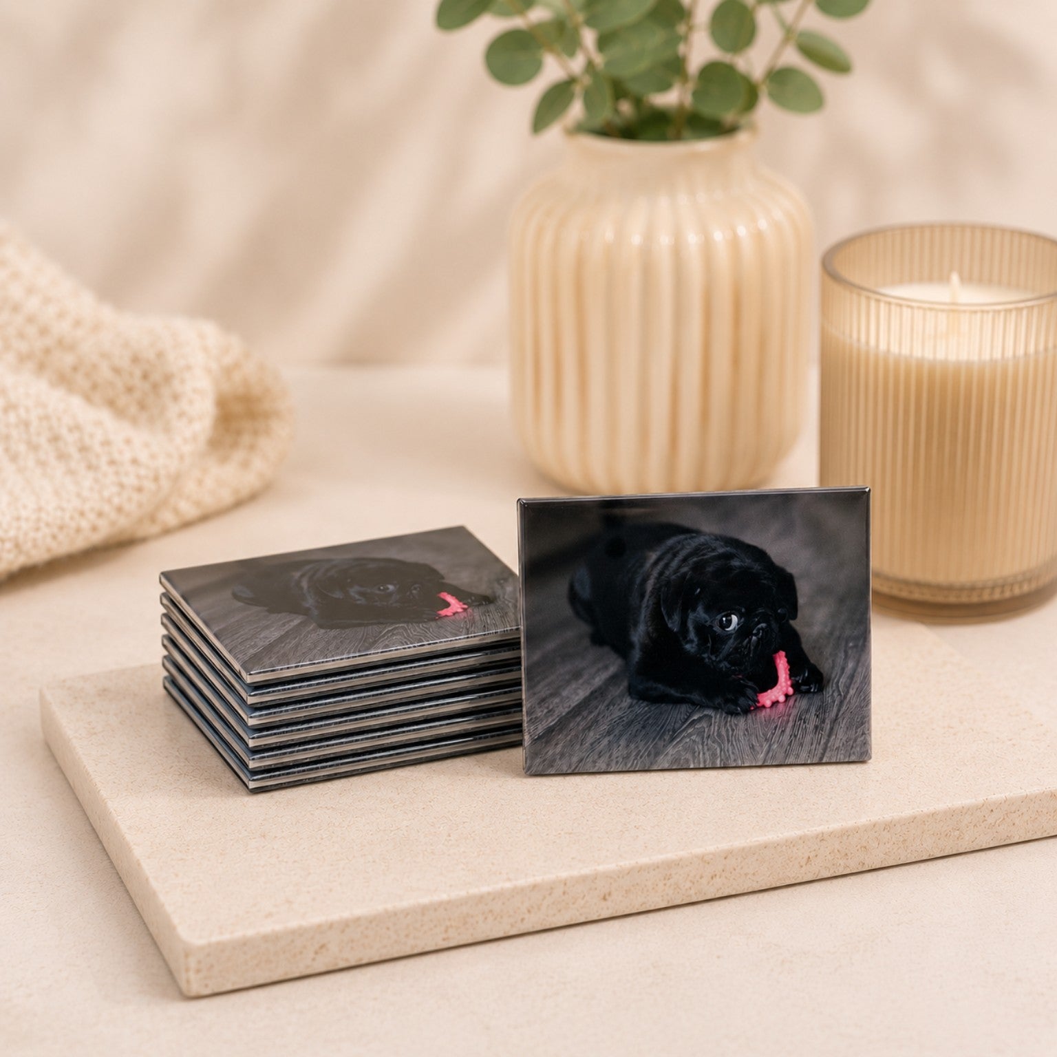 Stack of rectangle photo magnets with pug photo