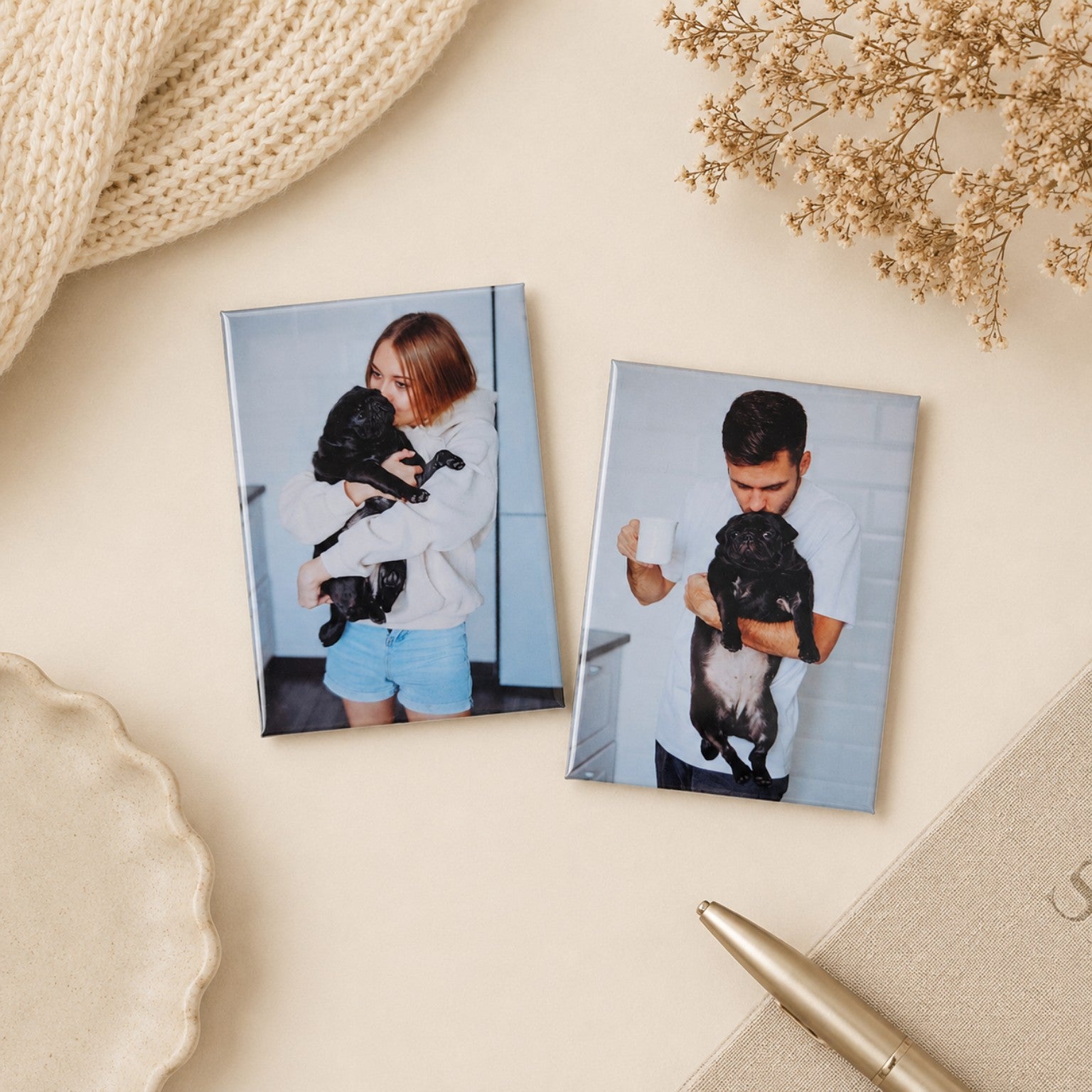 Two rectangle custom photo magnets on neutral flatlay
